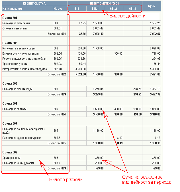Отпечатка на журнал 611 - Разходи за дейността