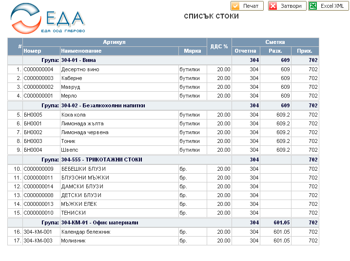 Списък на стоките - отпечатване (експорт)