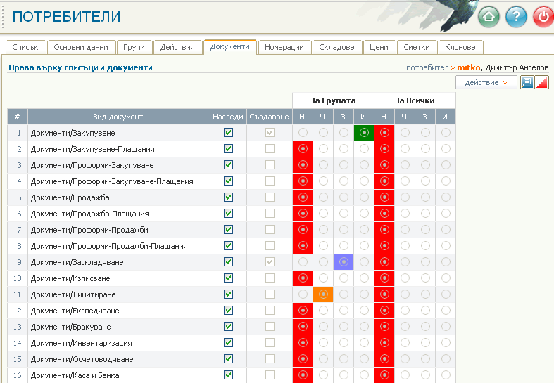 Потребители - работа с видовете документи