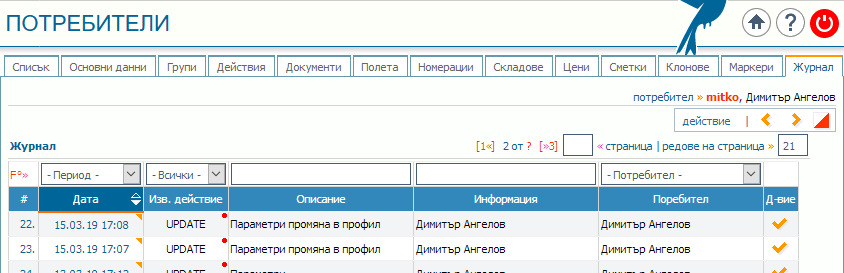 Фигура 2. Журнал на промените за конкретен потребител с възможности за филтриране