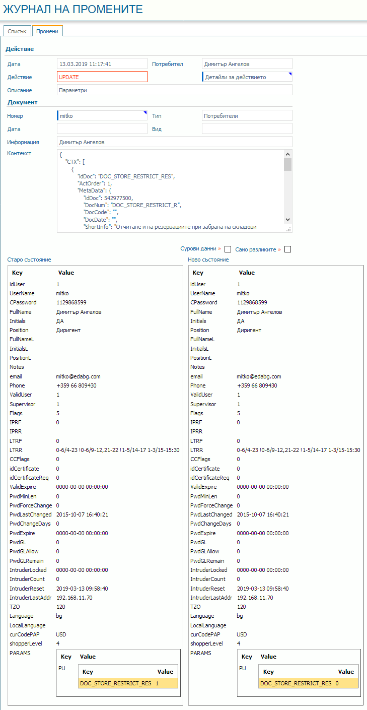 Фигура 4. Детайлна информация за промяна на потребител
