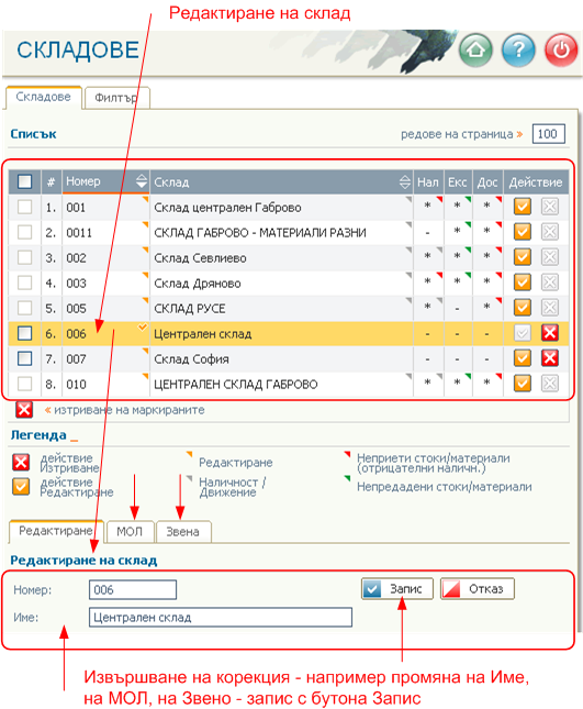 Редактиране на склад