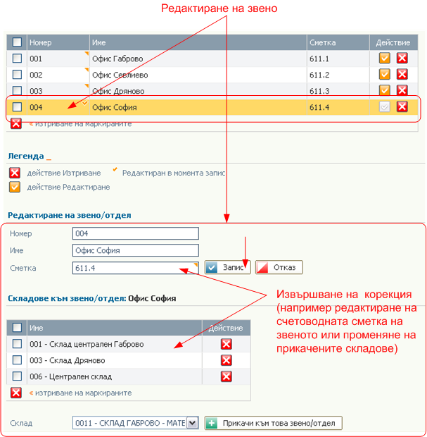 Редактиране на звено