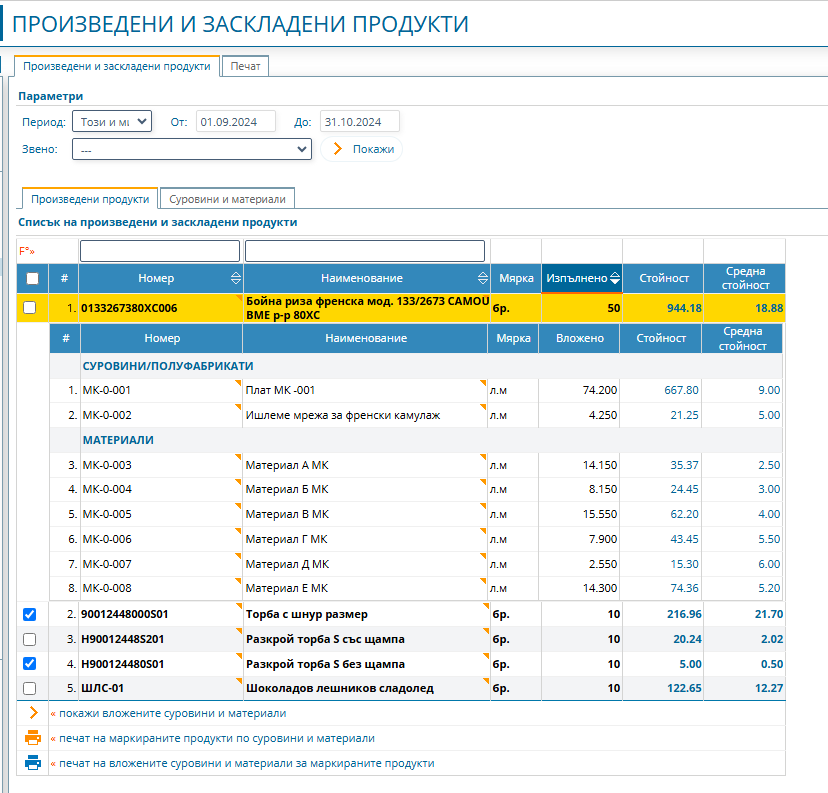 Вложени в производството суровини и материали