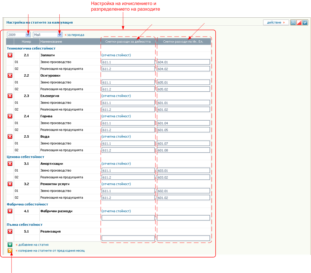 Настройка на изчислението и разпределението на разходите