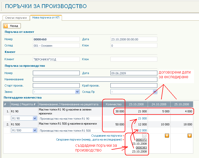 Връзка и синхронизиране с поръчките от клиенти - създаване на Производствени поръчки по потвърдени количества