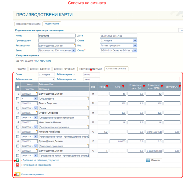 Описание на работещите в смяната