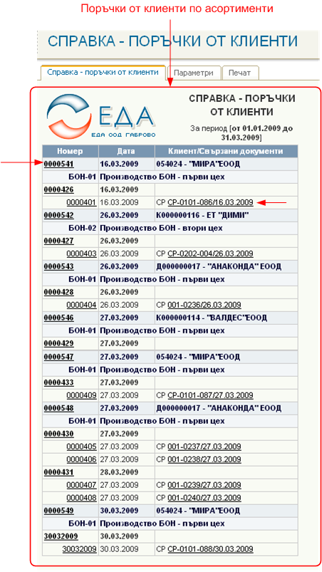 Справка – поръчки от клиенти