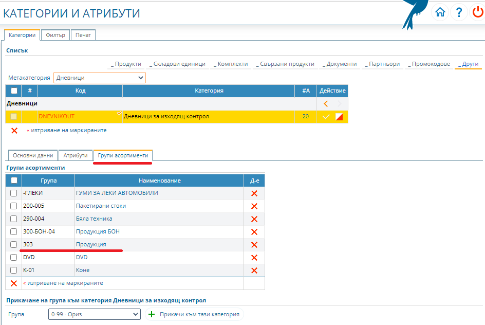 Асоциирани групи артикули към категорията за изходящ контрол