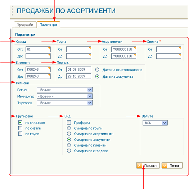 Продажби по асортименти