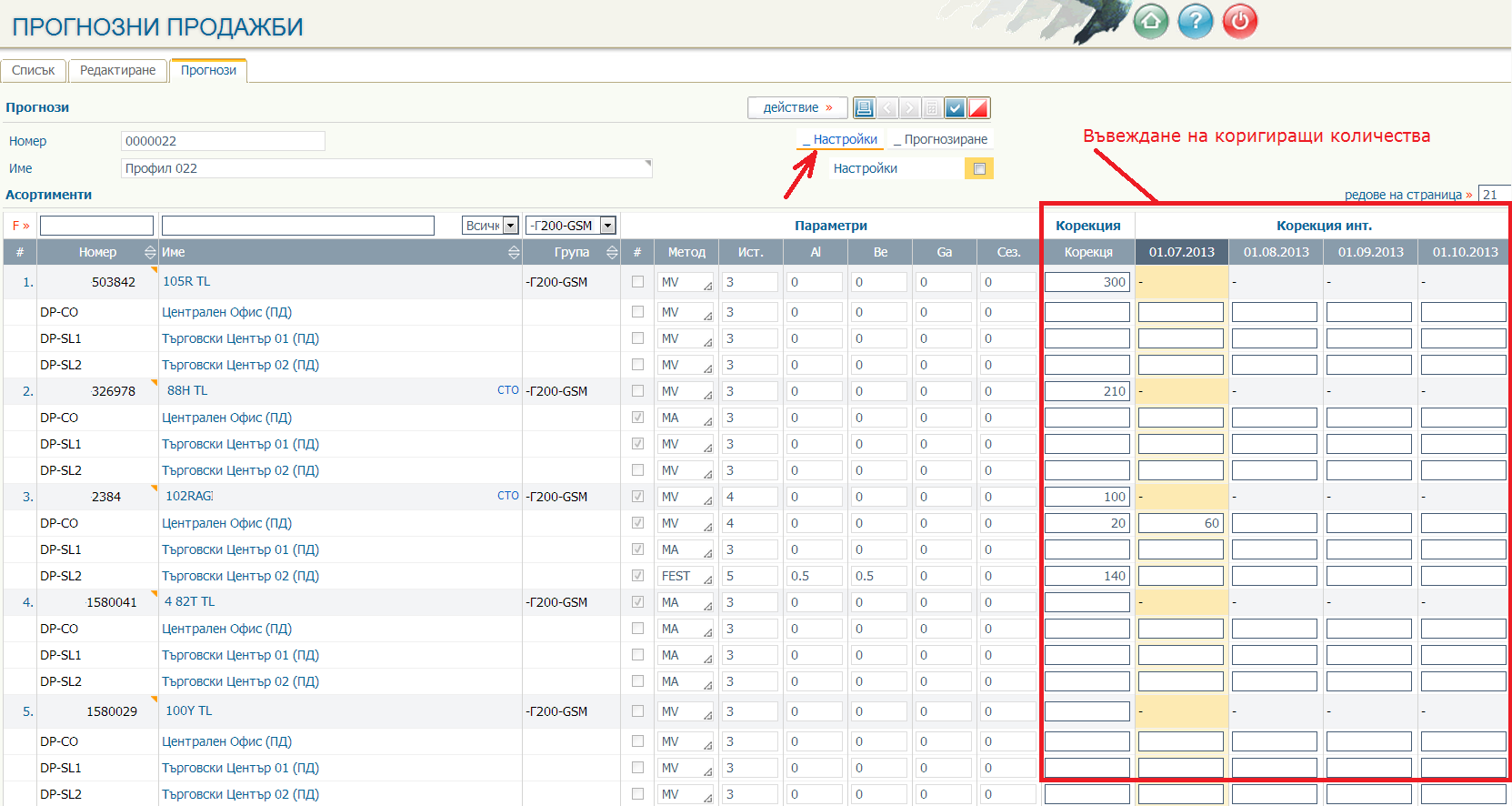 Коригиращи количества по асортименти и търговски бази