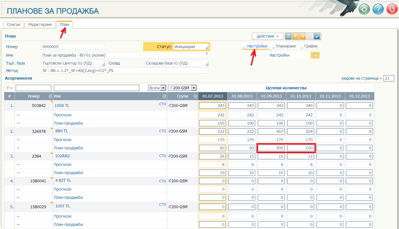 Въвеждане на промени в създаден план за продажби