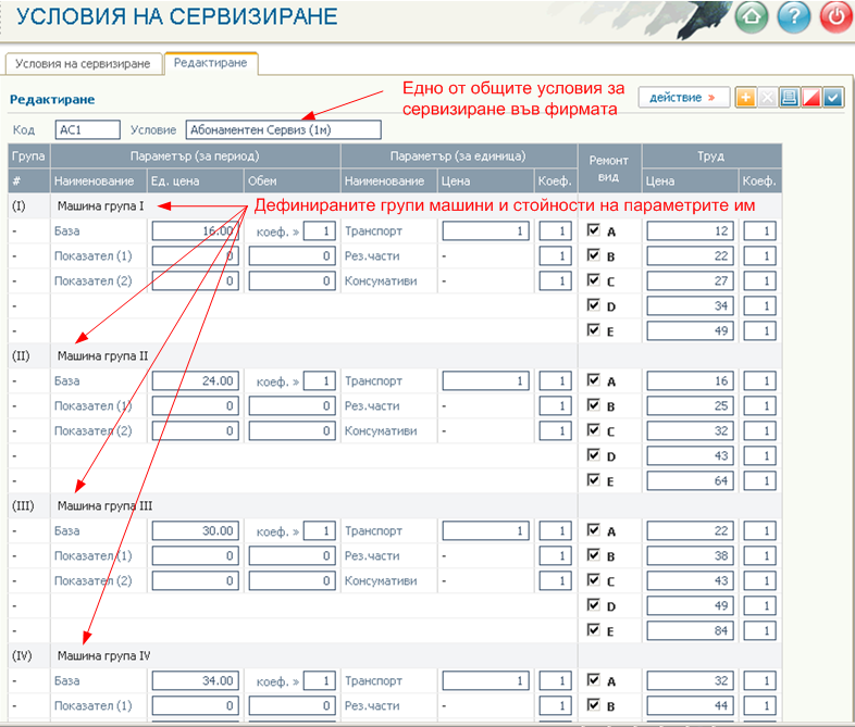 Групи машини - договори за сервиз, условия